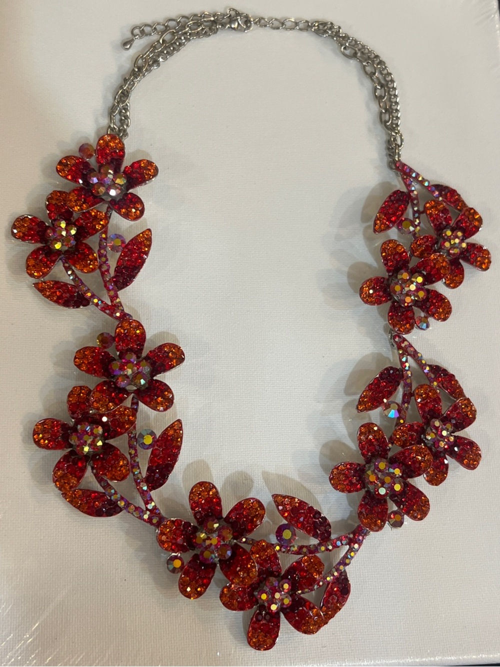 Red Floral Crystal Statement Necklace - Women Jewelry